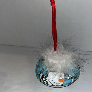 Cloisonne snowmans  Christmas feathered vintage colorful ornament.